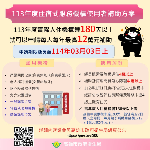 113年住宿式服務機構 申請期限延長至114年3月3日